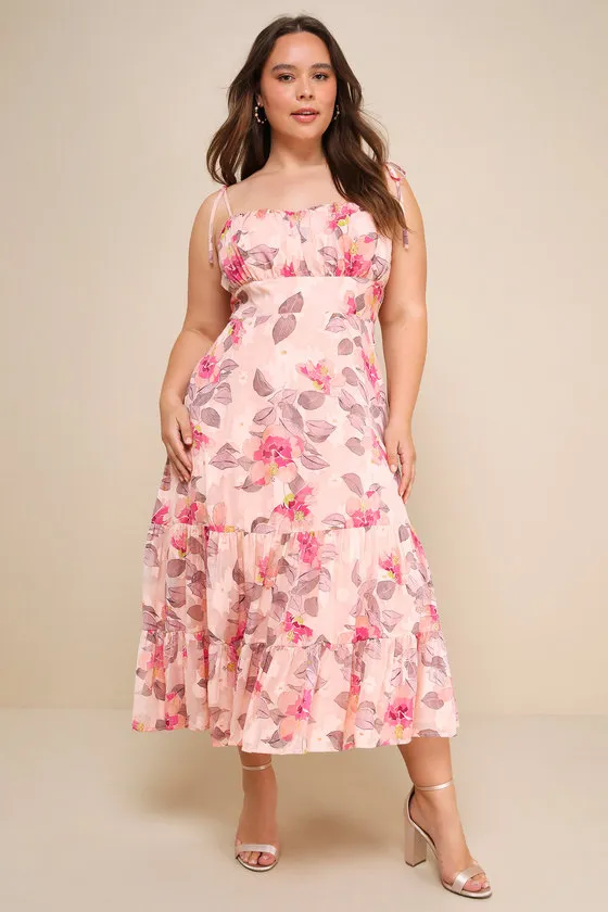 Tea Party Chic Pink Floral Print Tie-Strap Tiered Midi Dress sold by Lulus product image thumbnail 2