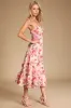 Tea Party Chic Pink Floral Print Tie-Strap Tiered Midi Dress sold by Lulus