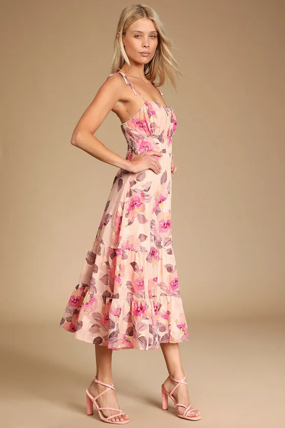 Tea Party Chic Pink Floral Print Tie-Strap Tiered Midi Dress sold by Lulus product image thumbnail 3