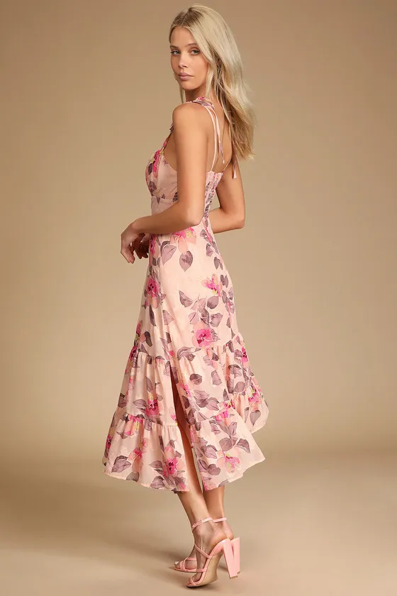 Tea Party Chic Pink Floral Print Tie-Strap Tiered Midi Dress sold by Lulus product image thumbnail 4
