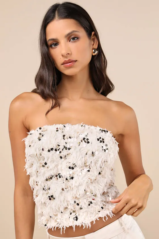 Dazzling Sense Beige and Gold Sequin Fringe Strapless Crop Top sold by Lulus product image thumbnail 2
