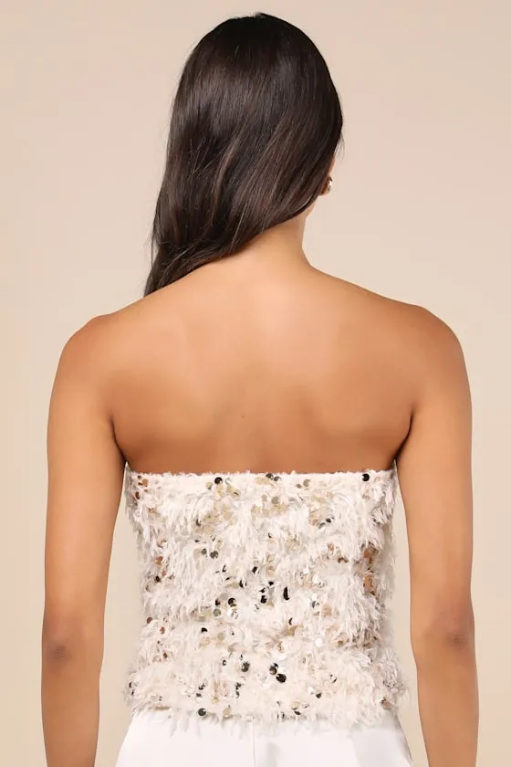 Dazzling Sense Beige and Gold Sequin Fringe Strapless Crop Top sold by Lulus product image thumbnail 3