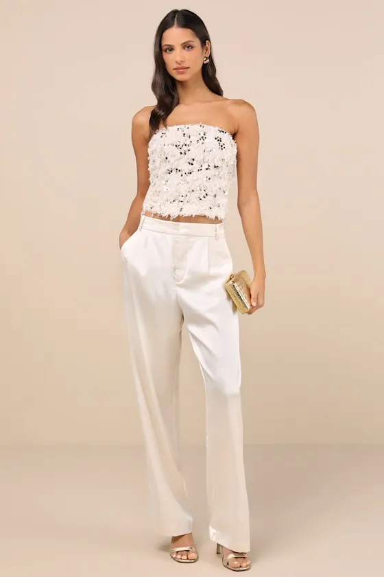 Dazzling Sense Beige and Gold Sequin Fringe Strapless Crop Top sold by Lulus product image thumbnail 4