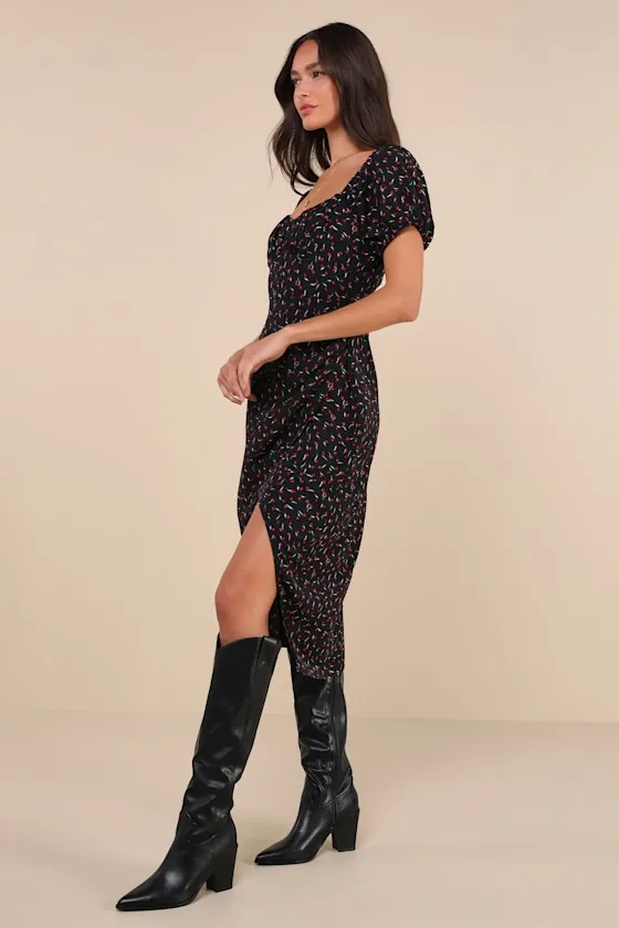 Compelling Flirt Black Floral Lace-Up Puff Sleeve Midi Dress sold by Lulus product image thumbnail 2