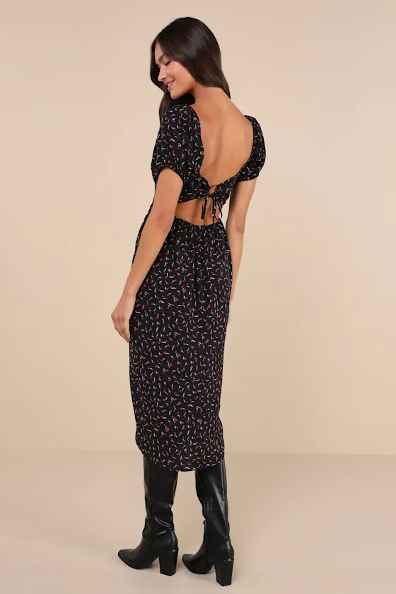 Compelling Flirt Black Floral Lace-Up Puff Sleeve Midi Dress sold by Lulus product image thumbnail 3