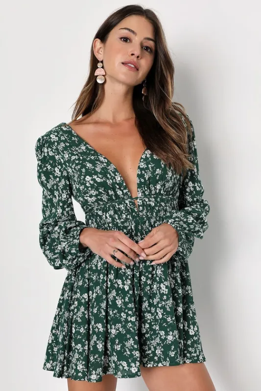Flirty Inclination Dark Green Floral Print Long Sleeve Romper sold by Lulus