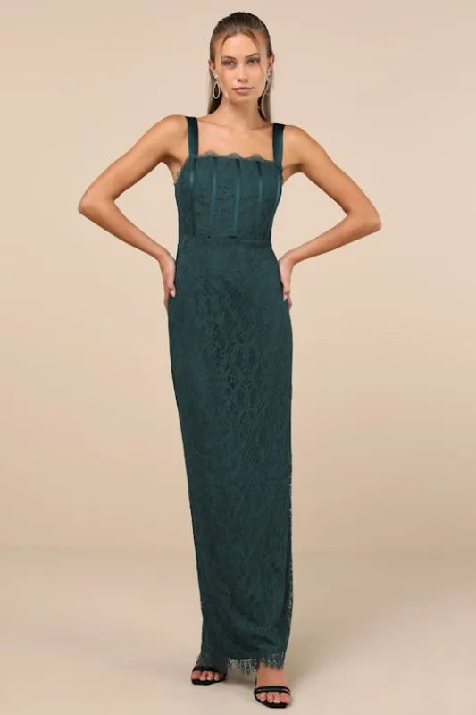 Classy Flirtation Emerald Green Lace Bustier Maxi Dress sold by Lulus