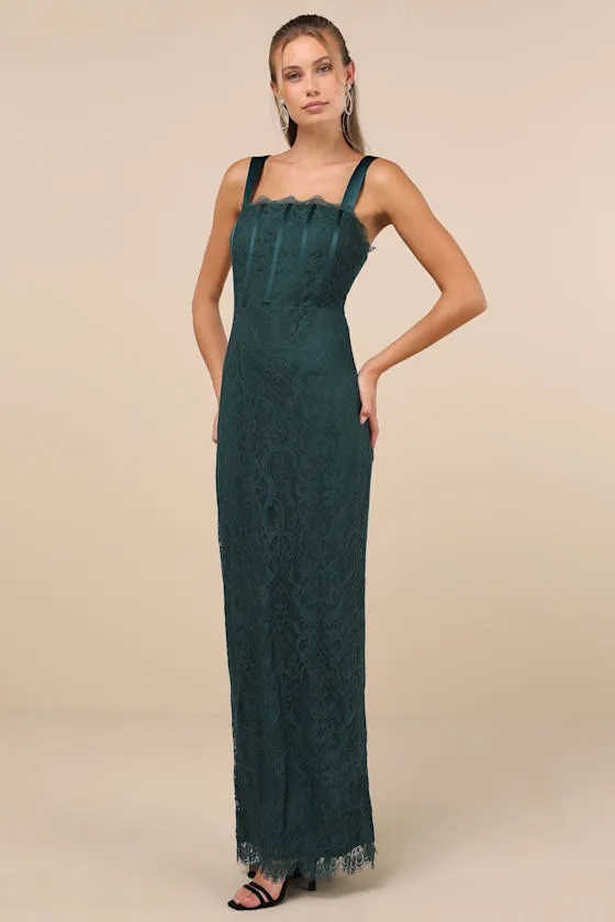 Classy Flirtation Emerald Green Lace Bustier Maxi Dress sold by Lulus product image thumbnail 4