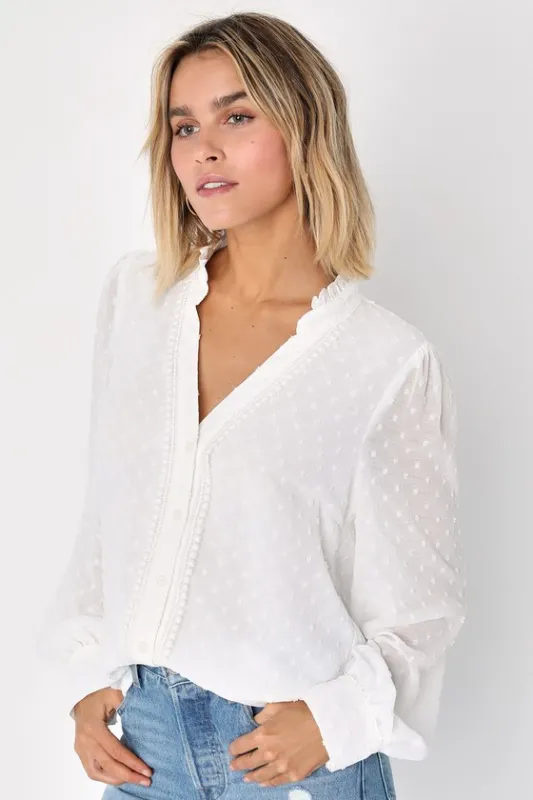 Delightful Charm White Swiss Dot Button-Up Long Sleeve Top sold by Lulus