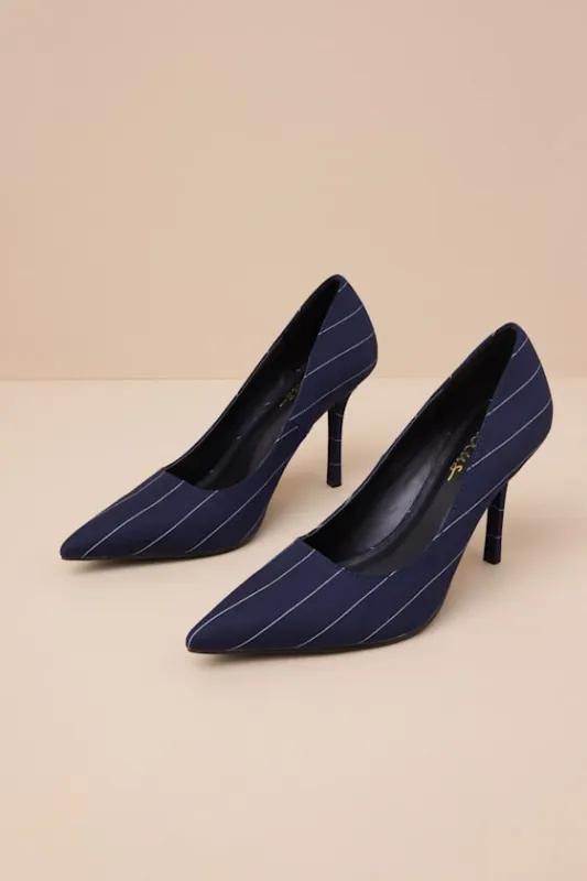 Kennett Navy Pinstripe Pointed-Toe Pumps sold by Lulus