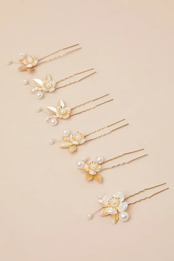 Infinite Sweetness Gold Pearl 6-Piece Floral Hair Pin Set sold by Lulus product image thumbnail 4