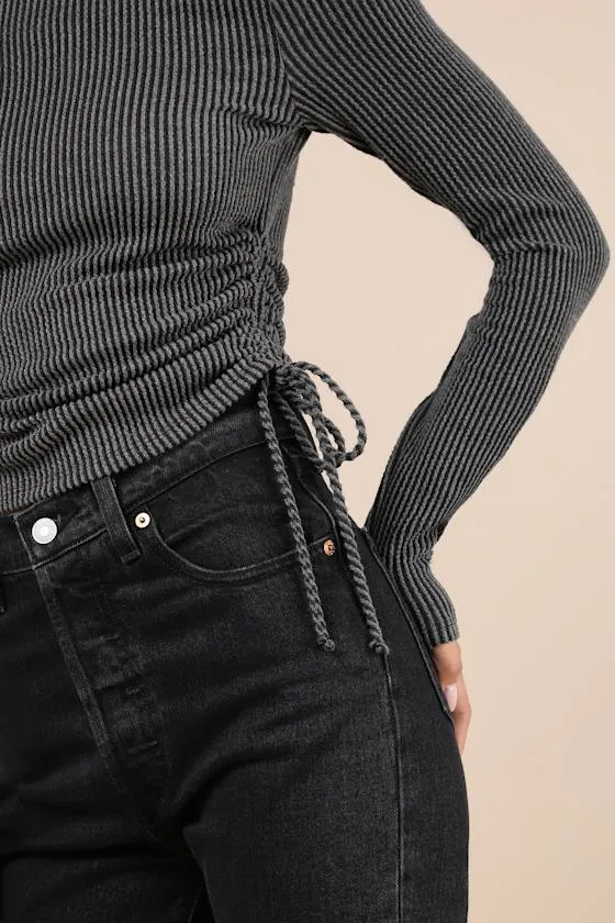 Sweet Ease Charcoal Textured Ribbed Ruched Long Sleeve Top sold by Lulus product image thumbnail 4