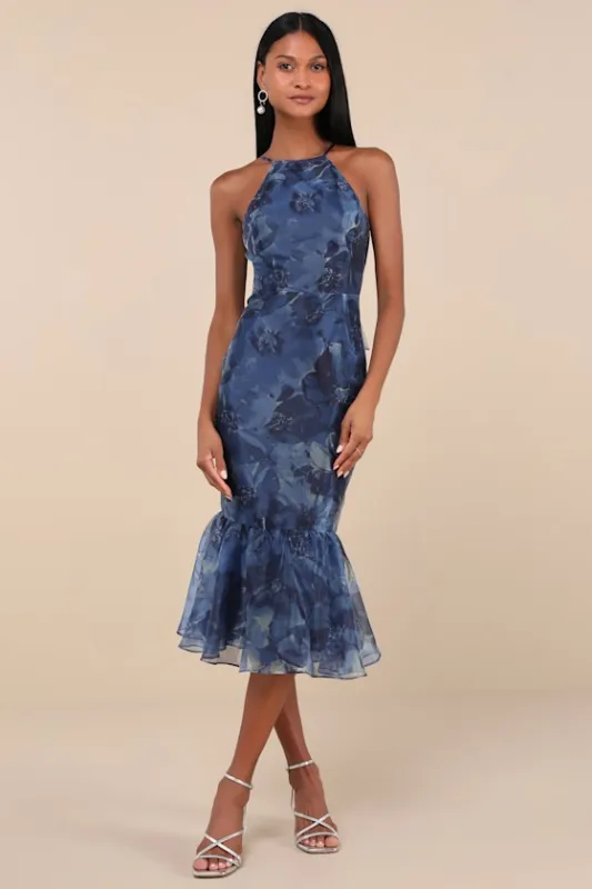 Admirable Essence Navy Blue Floral Organza Trumpet Midi Dress sold by Lulus