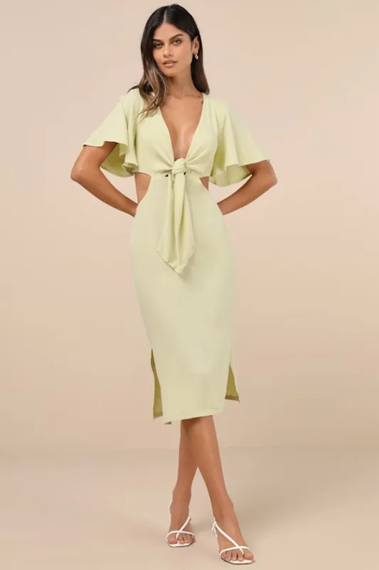Summer Journey Light Green Tie-Front Cutout Midi Dress made by Lulus