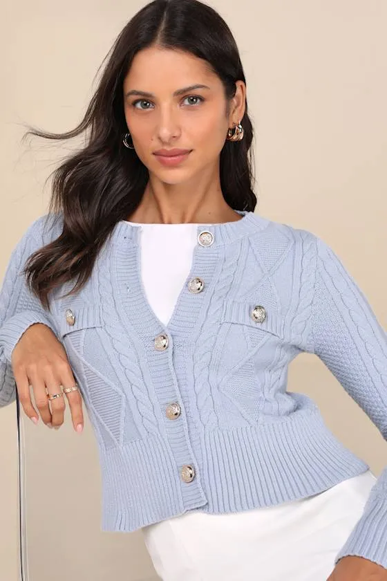 Luxe Composure Blue Cable Knit Long Sleeve Cardigan Sweater sold by Lulus