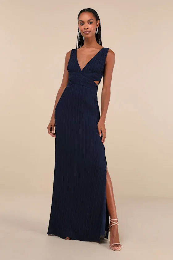 Compelling Poise Navy Blue Plisse Cutout Sleeveless Maxi Dress sold by Lulus