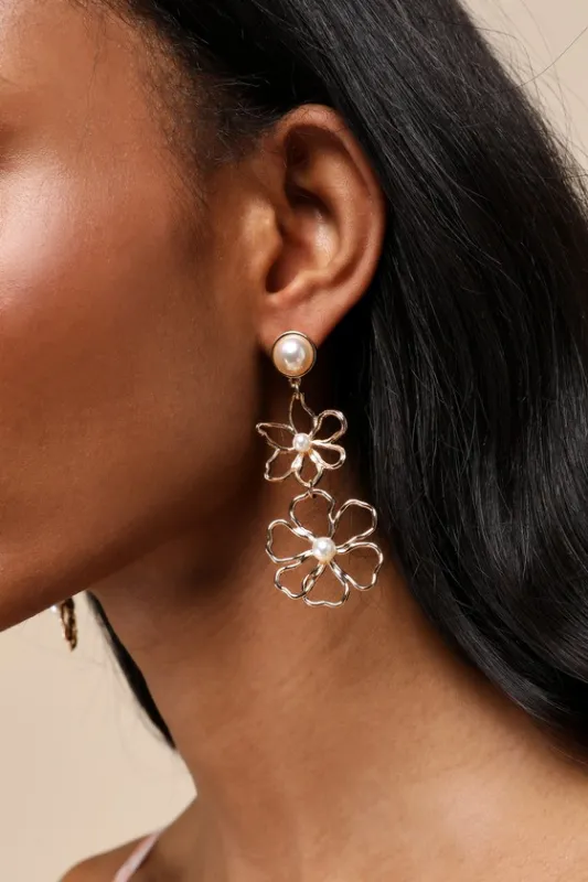 Perfect Expression Gold Pearl Flower Statement Drop Earrings sold by Lulus