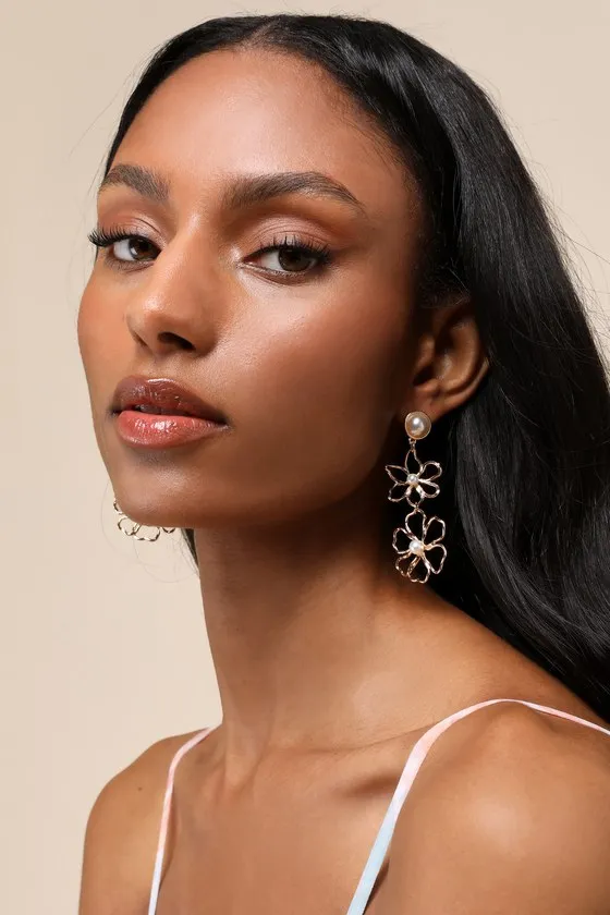 Perfect Expression Gold Pearl Flower Statement Drop Earrings sold by Lulus product image thumbnail 3