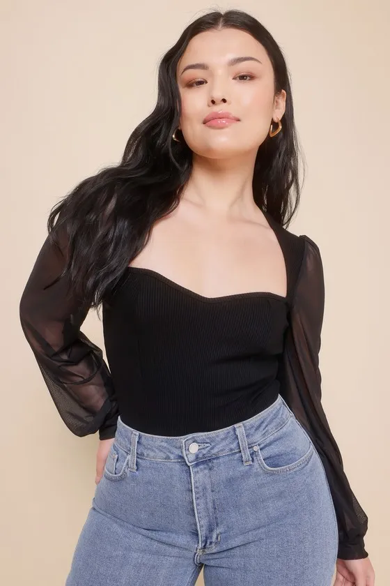 Sensational Sweetheart Black Ribbed Balloon Sleeve Bodysuit sold by Lulus product image thumbnail 2