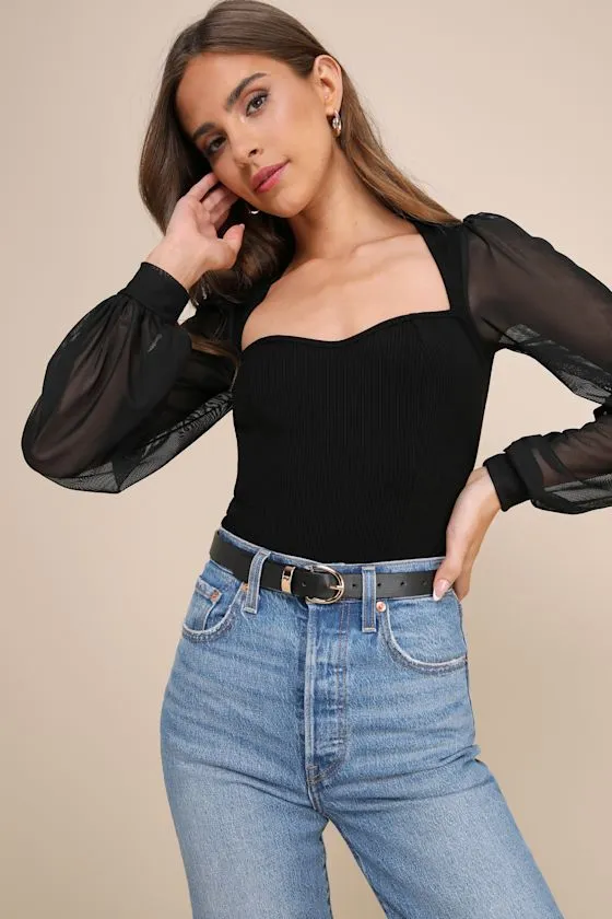 Sensational Sweetheart Black Ribbed Balloon Sleeve Bodysuit sold by Lulus product image thumbnail 3