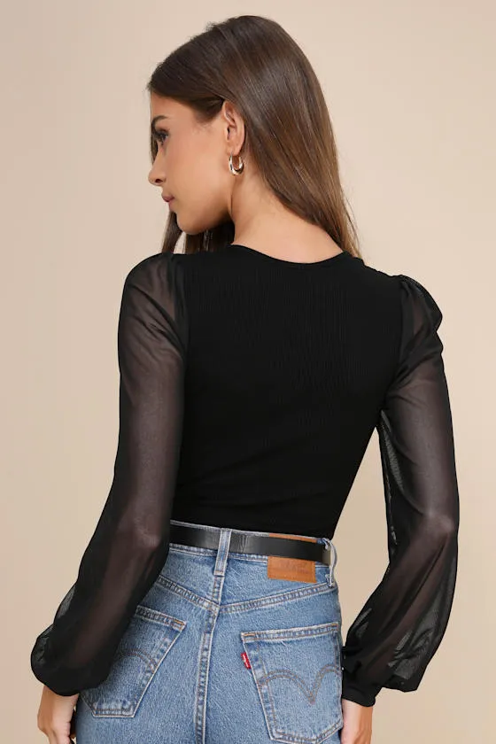 Sensational Sweetheart Black Ribbed Balloon Sleeve Bodysuit sold by Lulus product image thumbnail 4