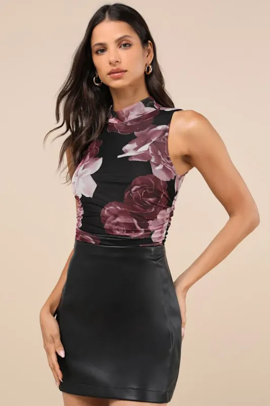 Chicest Option Black and Purple Floral Mesh Mock Neck Bodysuit sold by Lulus