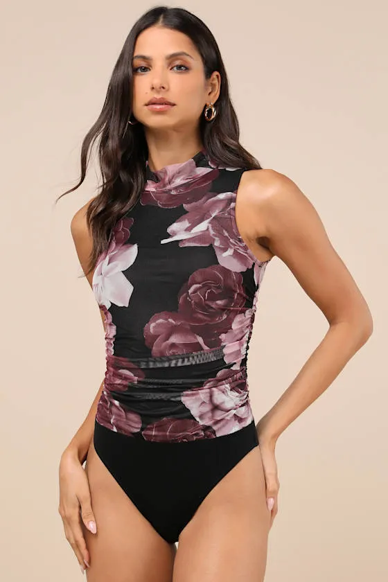 Chicest Option Black and Purple Floral Mesh Mock Neck Bodysuit sold by Lulus product image thumbnail 4
