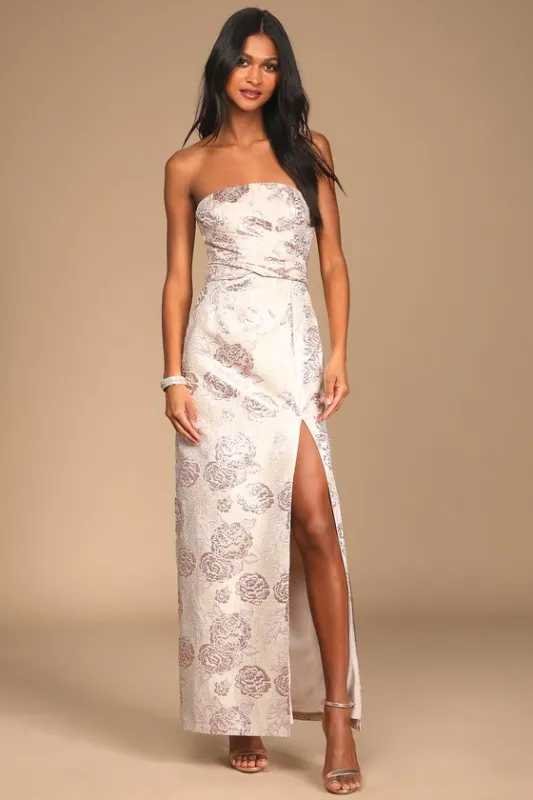 Redefine Regal Pale Pink Floral Jacquard Strapless Maxi Dress sold by Lulus