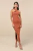 Effortless Twist Rust Brown Ribbed Twist-Front Cutout Midi Dress sold by Lulus