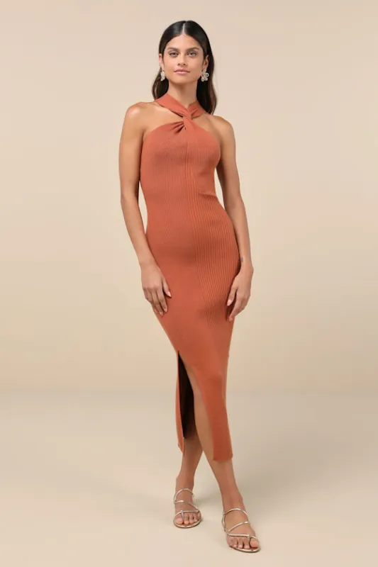 Effortless Twist Rust Brown Ribbed Twist-Front Cutout Midi Dress sold by Lulus