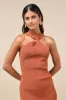 Effortless Twist Rust Brown Ribbed Twist-Front Cutout Midi Dress sold by Lulus