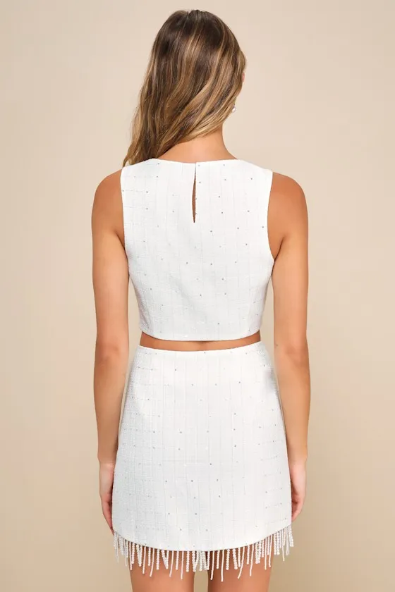 Voguish Ways White Tweed Pearl Fringe Mini Skirt sold by Lulus product image thumbnail 2