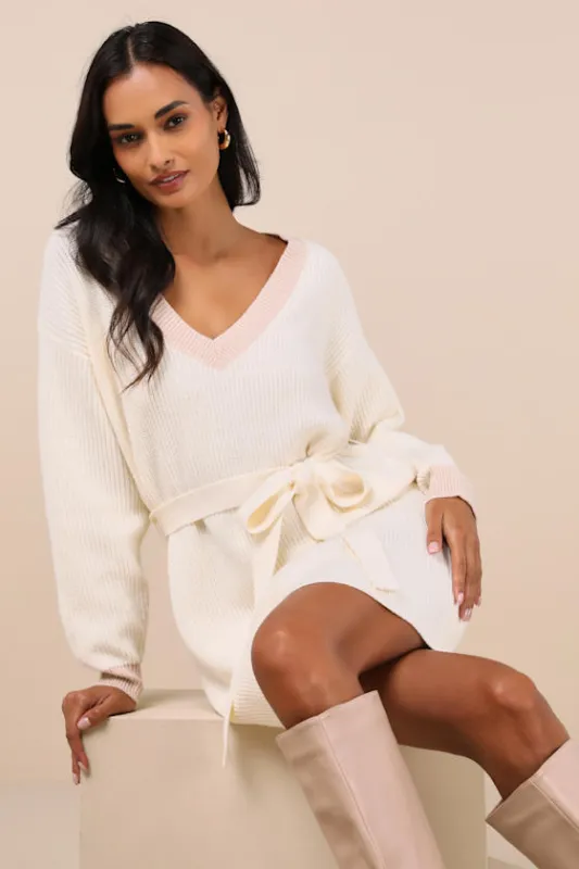 Cuddly Forecast Ivory Long Sleeve Belted Sweater Mini Dress sold by Lulus