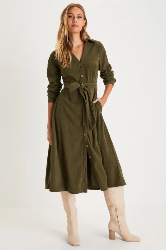 Casual Affection Olive Green Corduroy Midi Dress with Pockets sold by Lulus