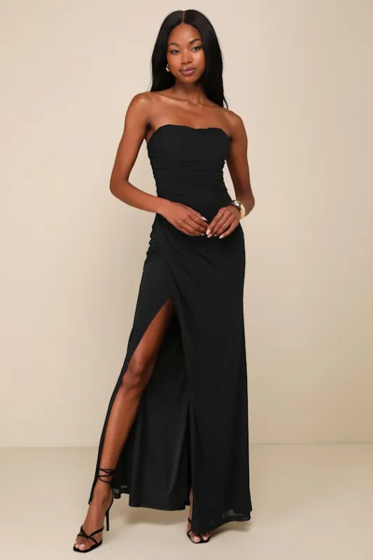 Epitome of Allure Black Mesh Strapless Ruched Maxi Dress sold by Lulus