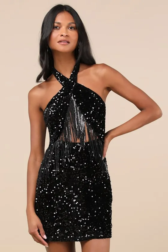 Elevated Dazzle Black Velvet Sequin Fringe Halter Mini Dress sold by Lulus