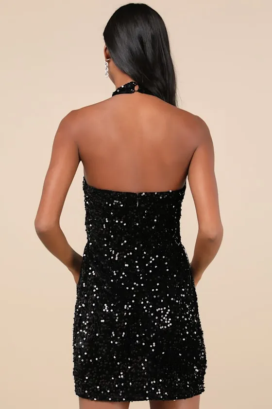 Elevated Dazzle Black Velvet Sequin Fringe Halter Mini Dress sold by Lulus product image thumbnail 3