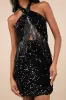 Elevated Dazzle Black Velvet Sequin Fringe Halter Mini Dress sold by Lulus