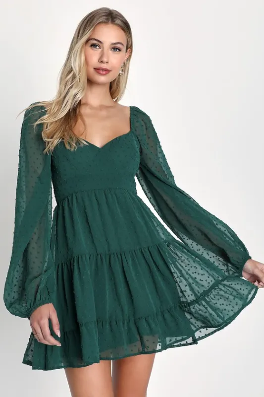 Longing And Love Emerald Swiss Dot Puff Long Sleeve Mini Dress sold by Lulus