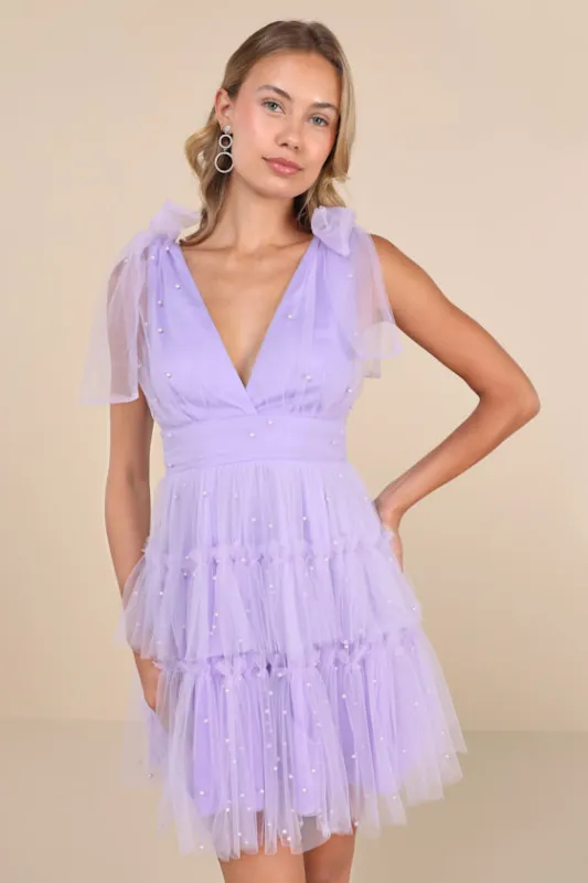 Tulle-Proof Lavender Tulle Beaded Tie-Shoulder Tiered Mini Dress sold by Lulus