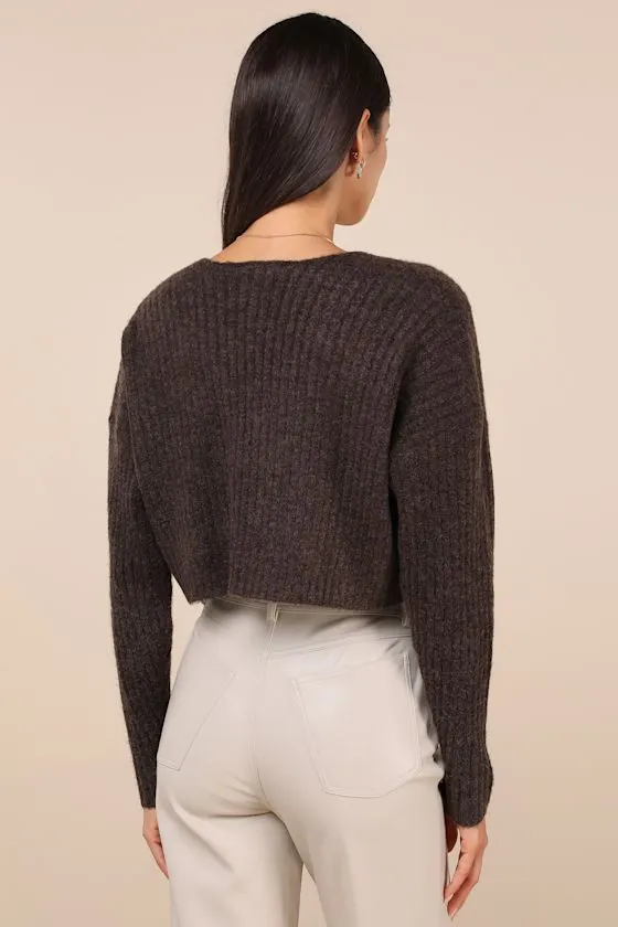 Comfy Cuteness Dark Brown Heathered Ribbed Knit Shrug Cardigan sold by Lulus product image thumbnail 2