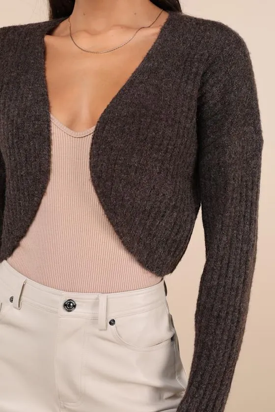 Comfy Cuteness Dark Brown Heathered Ribbed Knit Shrug Cardigan sold by Lulus product image thumbnail 4