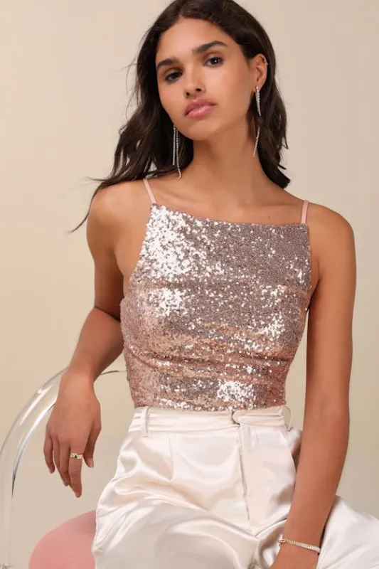 Irreplaceable Shine Rose Gold Sequin Lace-Up Crop Top sold by Lulus