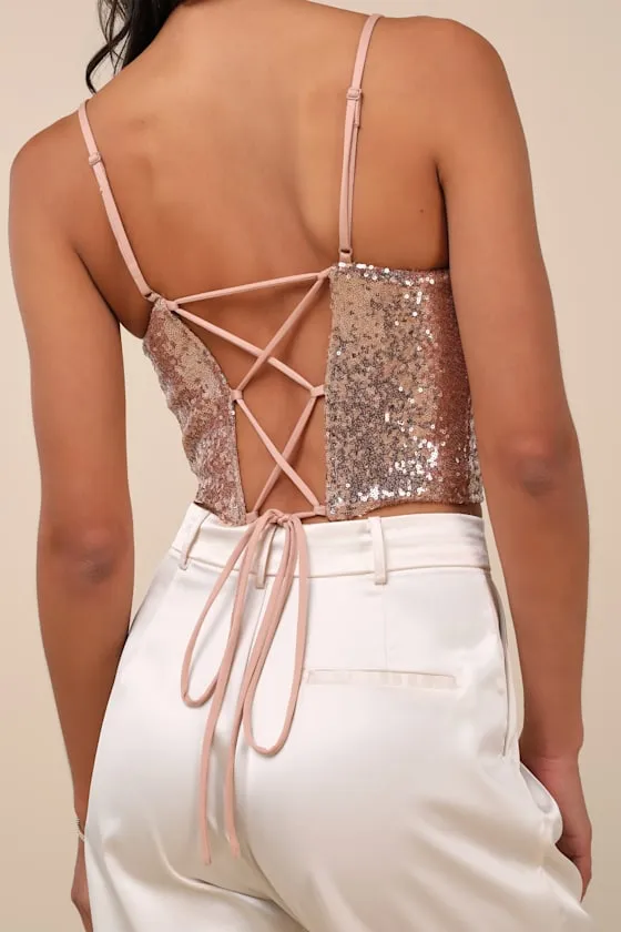 Irreplaceable Shine Rose Gold Sequin Lace-Up Crop Top sold by Lulus product image thumbnail 2