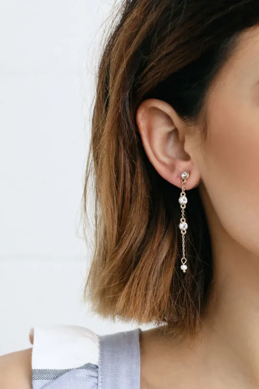 Always Dreaming Gold and Pearl Rhinestone Earrings sold by Lulus