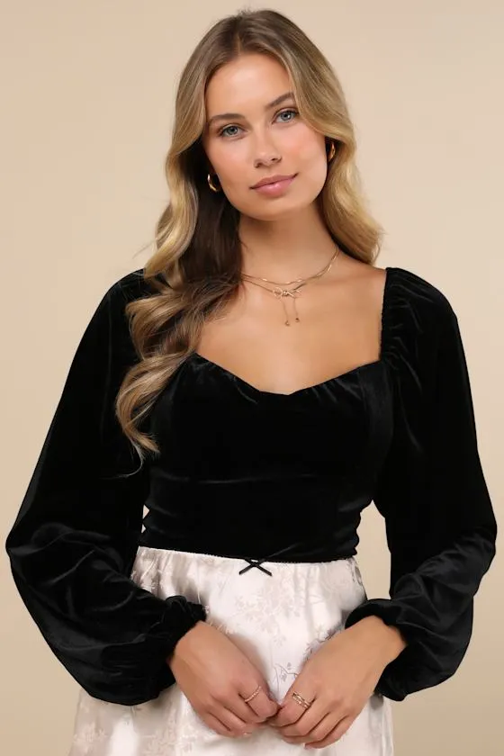 Exquisite Expectation Black Velvet Tie-Back Balloon Sleeve Top sold by Lulus