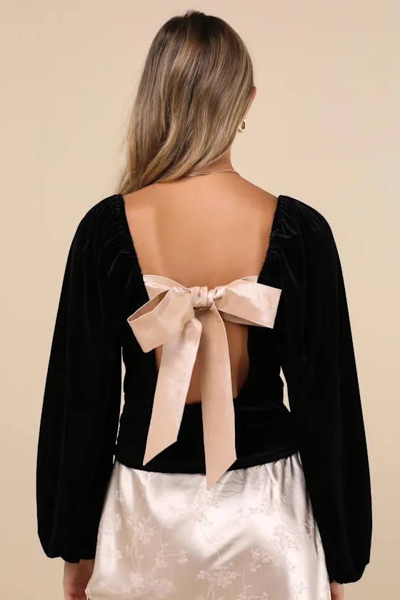 Exquisite Expectation Black Velvet Tie-Back Balloon Sleeve Top sold by Lulus product image thumbnail 2