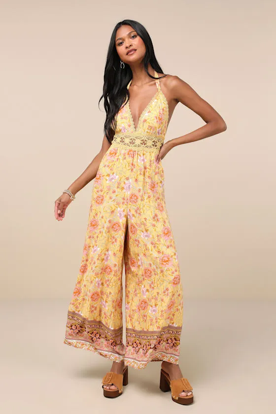 Blissful Presence Yellow Floral Crochet Lace Halter Jumpsuit sold by Lulus