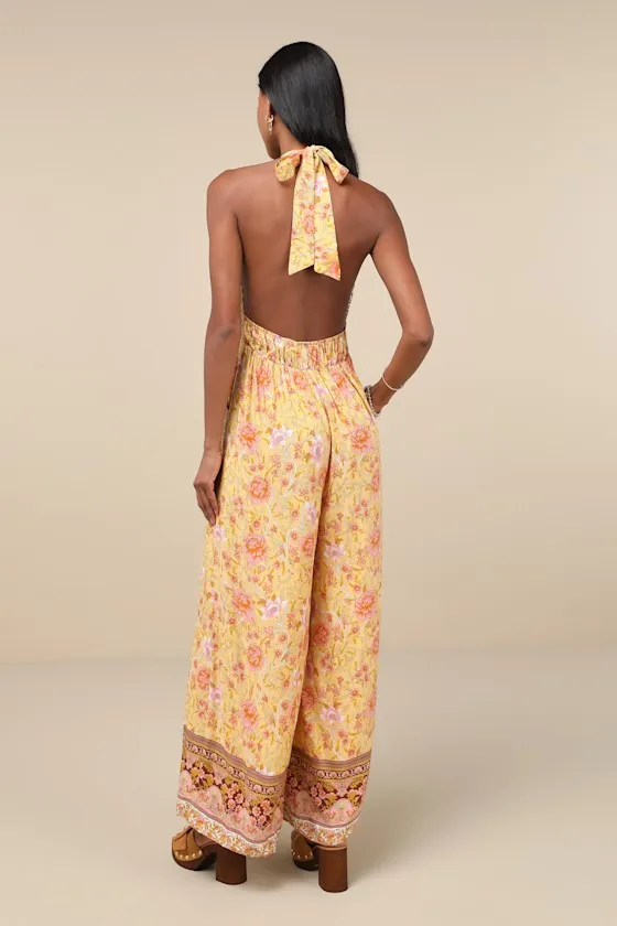 Blissful Presence Yellow Floral Crochet Lace Halter Jumpsuit sold by Lulus product image thumbnail 2