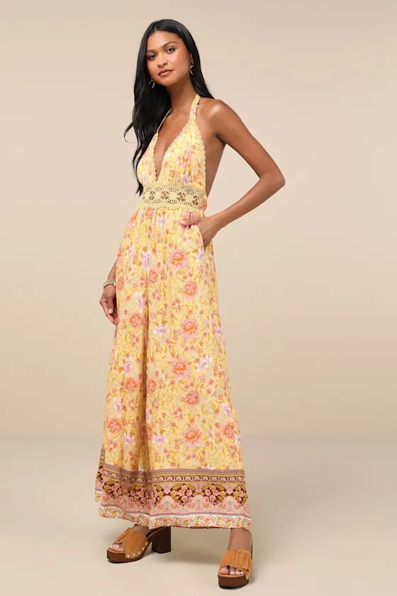 Blissful Presence Yellow Floral Crochet Lace Halter Jumpsuit sold by Lulus product image thumbnail 3